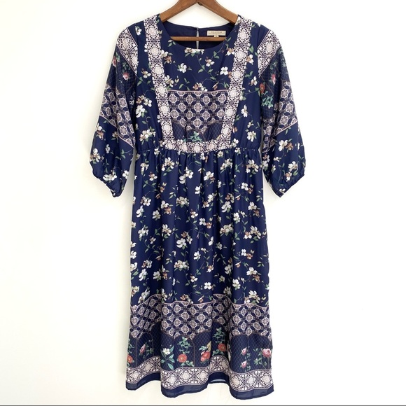 Polagram Dresses & Skirts - Polagram blue dogwood floral modest midi dress granny core size medium